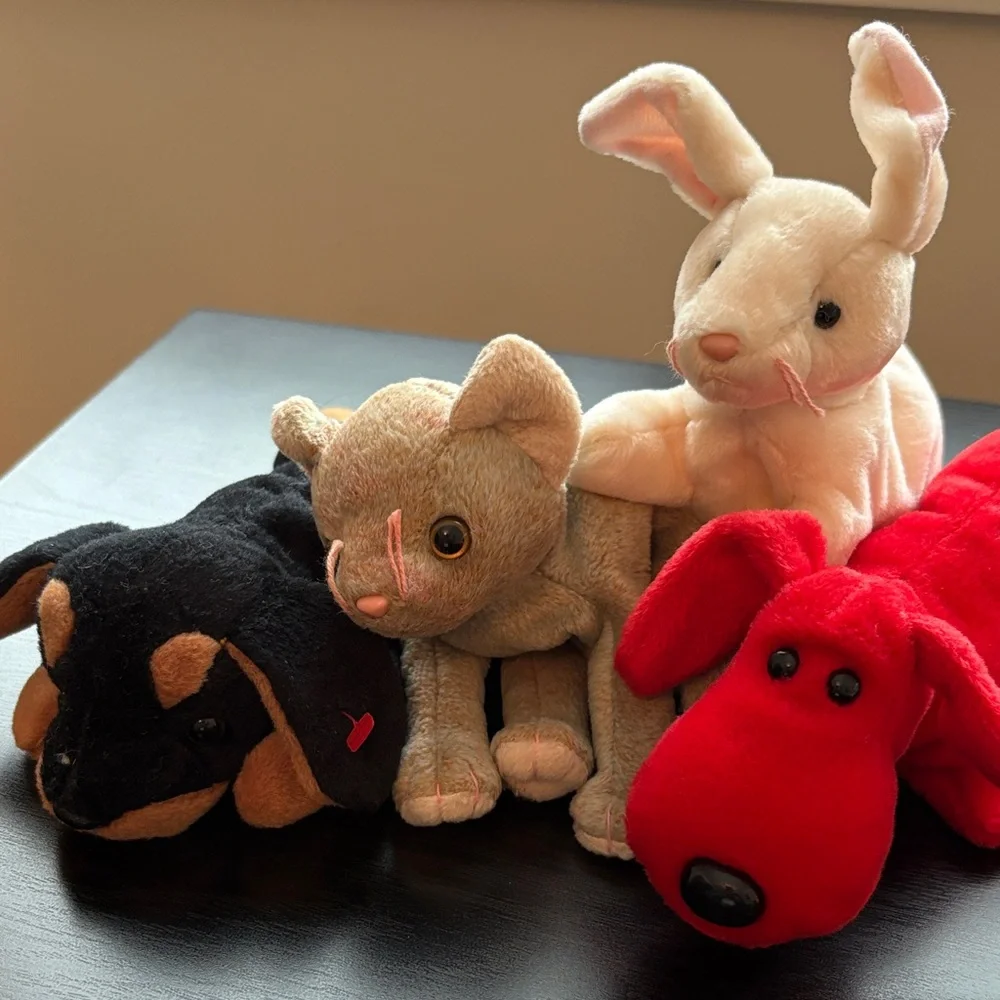 Beanie Babies Plush Toy Set - Bunny, Cat and Dogs Rover Nibbler Scat and Dobie